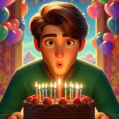 a boy blowing out candles on a birthday cake