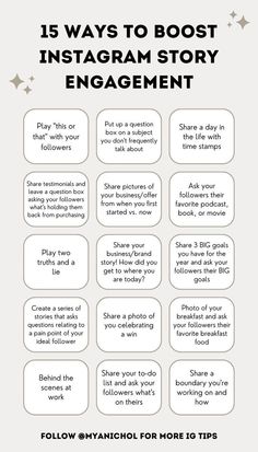 an info sheet with the words 15 ways to boot instagram story engagement