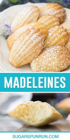 some powdered sugar cookies on a white plate with the words madelienes above it