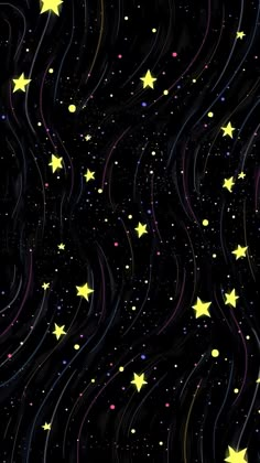 stars and swirls on a black background with yellow, purple, and blue colors