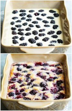 blueberry cobbler in a baking dish before and after it has been baked with fresh blackberries