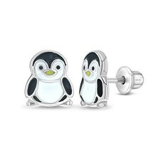 The sweetest pair of enamel penguin screw back earrings that will fill her days with joy. Adorably decorated with vibrant enamel colors to show off the cute details of this small penguin. Includes a safety screw back locking that allows the earrings to remain safely and firmly in place. Gift Box included with purchase. Size: one size.  Color: Black.  Gender: female.  Age Group: kids. Small Penguin, Kids Earrings, Beautiful Gift Wrapping, Girls Earrings, Screw Back Earrings, Smile Face, Metal Jewelry, Penguins, Gender Female