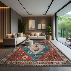 a living room filled with furniture and a large rug