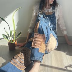 Overalls With Patches, Bohemian Cotton Overalls, Overall With Patches, Bohemian Patchwork Overalls For Spring, Denim Patchwork Overalls, Patched Overalls, Vintage Patchwork Overalls, Vintage Denim Overalls With Patchwork, Blue Cotton Distressed Overalls