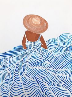 a drawing of a woman in a blue and white dress with a straw hat on her head