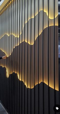 a man standing in front of a wall with mountains on it and lights behind him