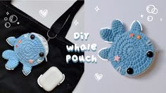 a crocheted bag with an image of a blue fish on it and the words diy whale pouch next to it