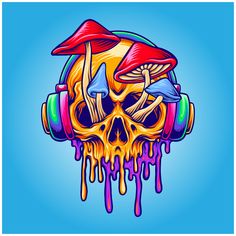 a colorful skull with headphones on it's face, dripping paint and mushrooms