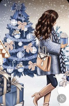 a woman is standing next to a christmas tree with presents in front of her and holding a handbag