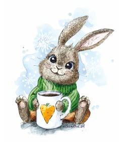 a watercolor painting of a bunny holding a coffee mug with a carrot in it