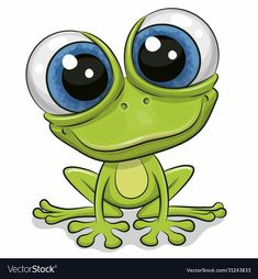 a green frog with big blue eyes sitting on the ground and looking at the camera