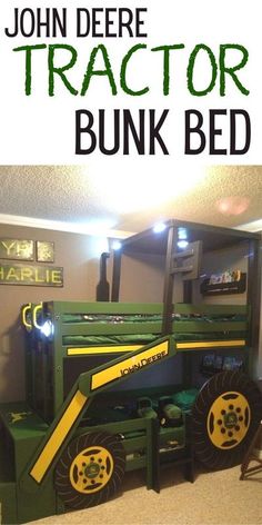 a bed made to look like a tractor is shown with the words john deere tractor bunk bed