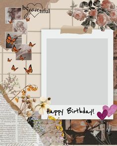 an image of a birthday card with flowers and butterflies on it, surrounded by newspaper clippings