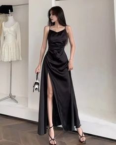 Evening Dress With Spaghetti Straps And Split Design, Evening Dresses With Split Design And Spaghetti Straps, Spaghetti Strap Maxi Dress With Side Slits For Evening, Satin Dress With Side Slits, Formal Slip Dress With Spaghetti Straps And Side Slits, Black Maxi Slip Dress For Prom, Formal Dresses With Spaghetti Straps And Side Slits, Black Maxi Dress With Side Slits And Spaghetti Straps, Elegant Black Suspender Dress For Prom