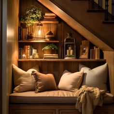 a set of stairs leading up to a room with pillows and books on the shelves