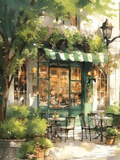 a painting of an outdoor cafe with green awnings and potted plants on the outside