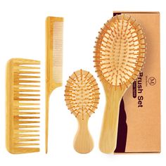 PRICES MAY VARY. 🌷Package Include: Includes 1 medium air cushion brush, 1 mini air cushion brush, 1 wide-tooth comb, 1 pointed tail comb. They are varied for different hair and scalp types to use. 🌷2 Sizes Paddle Brushes: Both paddle brushes feature a soft cushion with an air hole, which offers a massage-like brushing experience, and polished round bristles, which are gentle and comfortable on the scalp. With natural bamboo bristles, help to condition your hair naturally, distribute your hair’ Fine Hair Men, Bamboo Hair Brush, Clean Hairbrush, Tail Comb, Wooden Brush, Comb Set, Paddle Brush, Thick Curly Hair, Different Hair