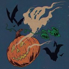 a painting of a pumpkin with bats flying around it