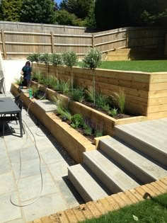 an outdoor patio area with steps and plants in the foreground, surrounded by grass