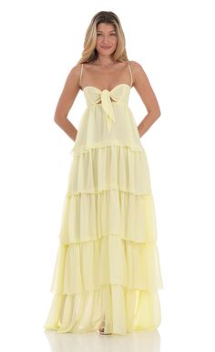 Ruffle Front Tie Maxi Dress in Yellow | LUCY IN THE SKY Yellow Flowy Dress, Bday Dresses, Colorful Maxi Dress, White Ruffle Dress, Junior Prom, Yellow Dresses, Yellow Bridesmaid Dresses, Prom Dresses Yellow, Tie Maxi Dress