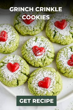 green crinkle cookies with red heart on top and text overlay that reads, get recipe