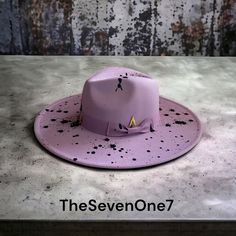 One Of A Kind Customize Wide Brim Fedora Light Purple Hat.Embellished With Black Paint And Gold Accessory. Comes With An Adjustable Strap Inside For Small Head Size. Brand New!!! This Is Considered As A Wearable Art Piece. I Created This Piece Myself. The Seven One 7 Artsy Hand Painted Wide Brim Fedora, Adjustable Purple Fedora With Short Brim, Adjustable Purple Fedora, Adjustable Purple Brimmed Fedora, Purple Wide Brim Hat, Diy Leather Hat, Hats For Small Heads, Fur Pom Pom Beanie, Camo Hats