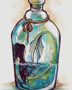 a drawing of a bottle with a mermaid in it and a rope on the top