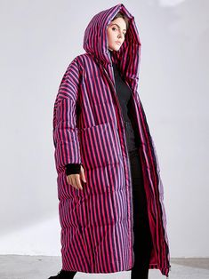 Jodie Striped Hooded Down Feather Puffer Long Coat | Vivian Seven Long Quilted Coat, Long Down Coat, Long Puffer Jacket, Long Puffer Coat, Puffy Coat, Down Puffer Coat, White Duck, Down Feather, Quilted Coat