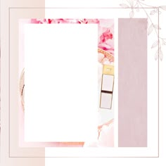 a pink and white photo frame with flowers on the border, in front of a beige background