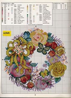 a cross stitch wreath with flowers on the front and side, as well as instructions for how to make it