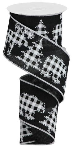 black and white plaid ribbon with elephants on it