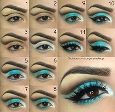 Blue turquoise step by step eyes Turquoise Makeup, Make Up Designs, Drag Make-up, Eye Makeup Techniques, Queen Makeup, Smink Inspiration, Eye Makeup Steps, Makeup Step By Step, Colorful Eye Makeup