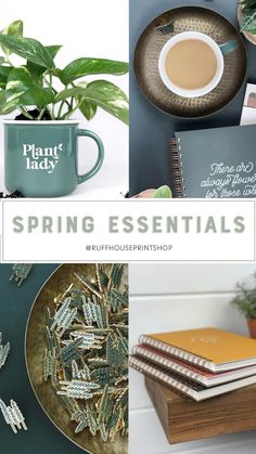 the words spring essentials are displayed in four different pictures, including coffee cup and books