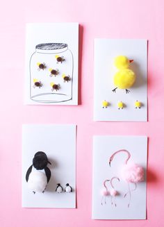 four cards with pictures of animals and birds on them, one is made out of paper