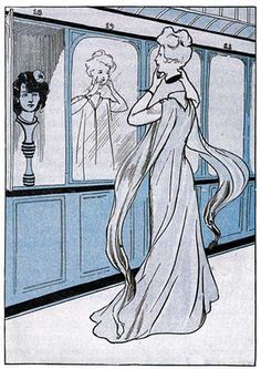 an illustration of a woman on a train looking out the window at another woman standing next to her