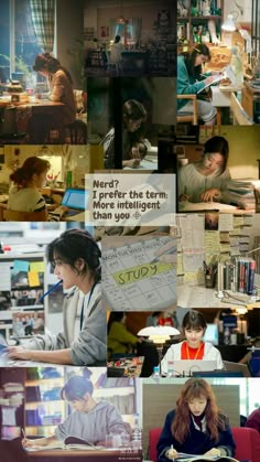 collage of people working at desks and writing on paper with words above them