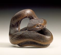 a wooden sculpture of a snake curled up