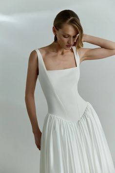 Drop Waist Wedding Dress Square Neck Wedding Dress Minimalist - Etsy Ukraine A-line Wedding Dress With Fitted Bodice, Wedding Dresses With Structured Boning, Wedding Gown With Fitted Bodice And Square Neck, Fitted Square Neck Wedding Gown, Vestidos Corset, Dropped Waist Wedding Dress, Wedding Dress Square Neck, Square Neckline Wedding Dress, Square Neck Wedding Dress