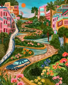 a painting of a blue car driving down a road with flowers and buildings in the background