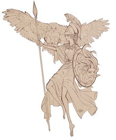 an angel holding a spear and shield with two wings on it's back, standing in front of a white background