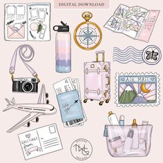 an illustrated set of travel related items including passport, map, camera and air mail