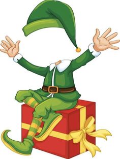 an elf sitting on top of a present box with his hands out to the side