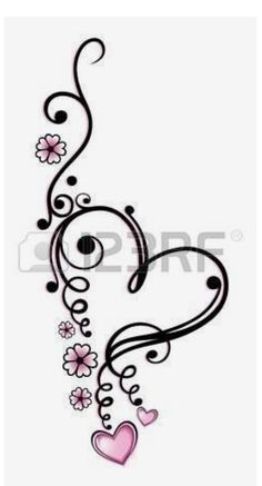 a drawing of a heart with flowers and swirls on the side, in black and white