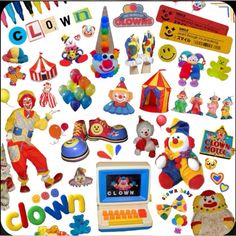 an assortment of toys and stickers are displayed on a white background with the words clown written below them