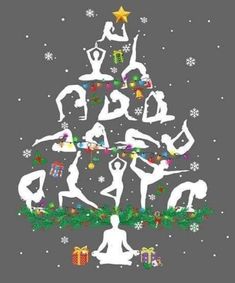 the silhouettes of people are doing yoga in front of a christmas tree