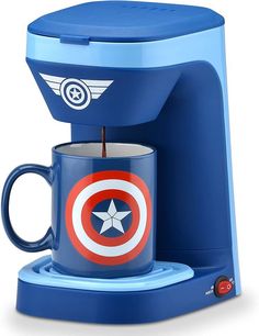 a captain america coffee maker with a cup on it's side and the lid open