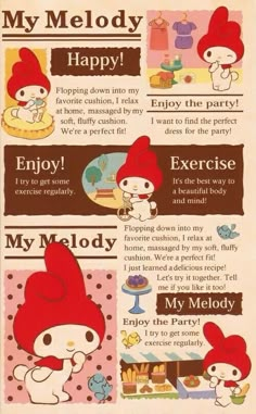 a poster with some cartoon characters on it's back side and the words, my melody happy enjoy the party