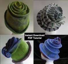 "Instant download PDF - How to make Concertina Hats by Teri Berry PLUS bonus PDF, how to buy or make a hat block. Skill level: confident beginner to intermediate This tutorial is suitable for new felt-makers, if you you can confidently make a felt pod using a resist you will be able to make these extravagant and stylish hats! 'Concertina Hats by Teri Berry' (PDF) will show you how to lay out, sculpt and decorate, flamboyant and/or stylish handmade felt concertina hats. It also includes tips on how to add a wide, witches hat style brim and how to seamlessly blend colours. The bonus PDF, \"Hat Blocks\", will guide you through how to buy the correct size of hat block and all the different materials hat blocks can be constructed from and the pros and cons of each, including which ones aren't s Handmade Felt Hats, Make A Hat, Hat Blocks, Hat Tutorial, Make Tutorial, Stylish Hats, Handmade Hat, Wet Felting, Handmade Felt