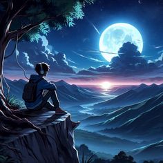 a man sitting on top of a cliff looking at the moon