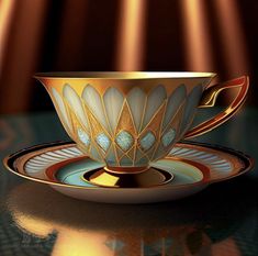 a cup and saucer sitting on top of a table next to a light beam